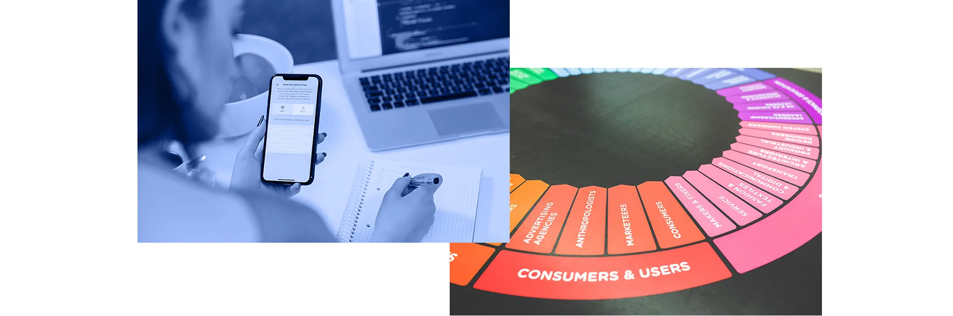 Planning on a phone and laptop beside a customer journey wheel